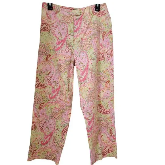 Charter Club Golf Size 10 Pistachio Green and Pink Paisley Ankle Length Pants - Picture 1 of 12